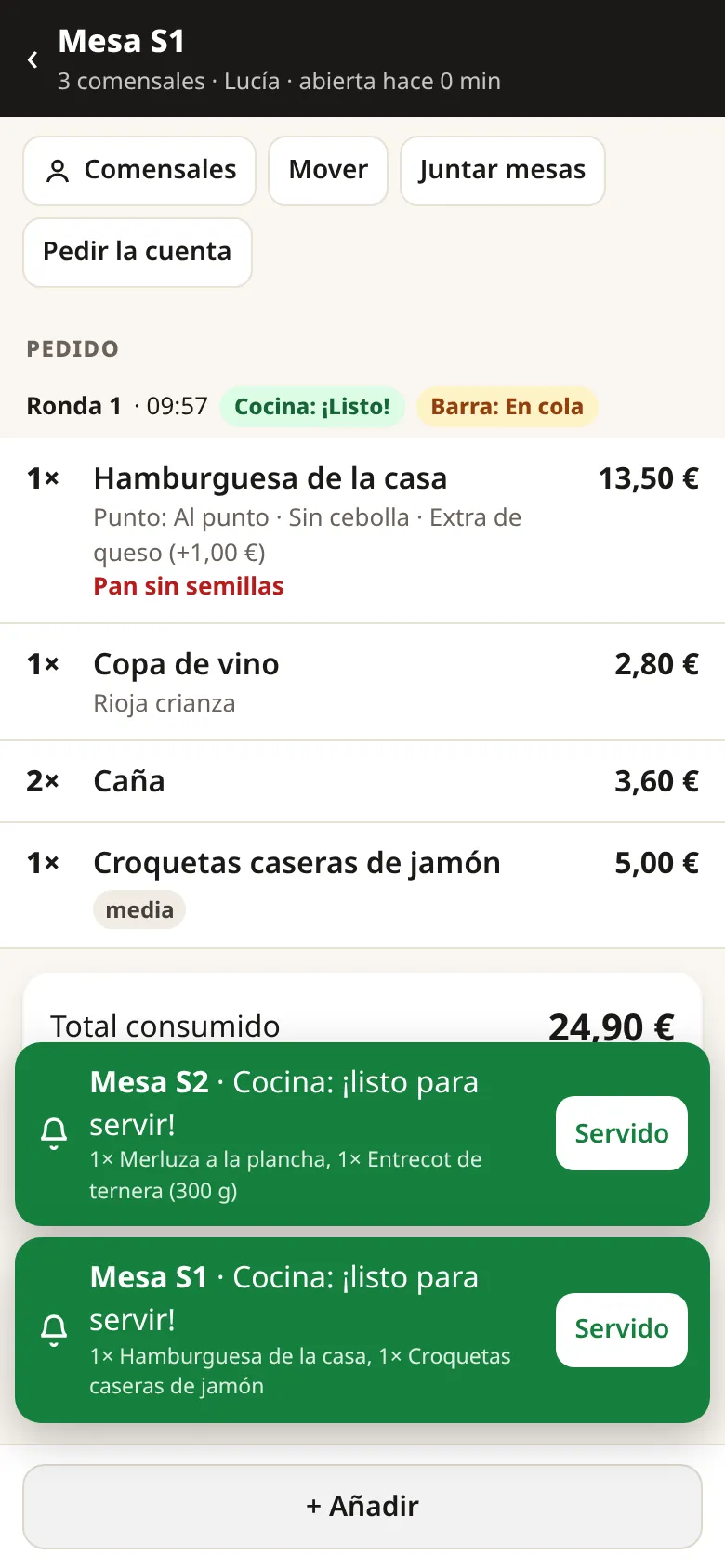 Aviso de plato listo en el móvil del camarero
