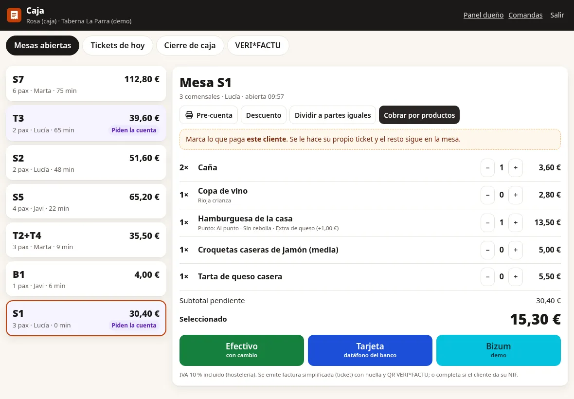 Caja en tablet con mesas abiertas y cobro
