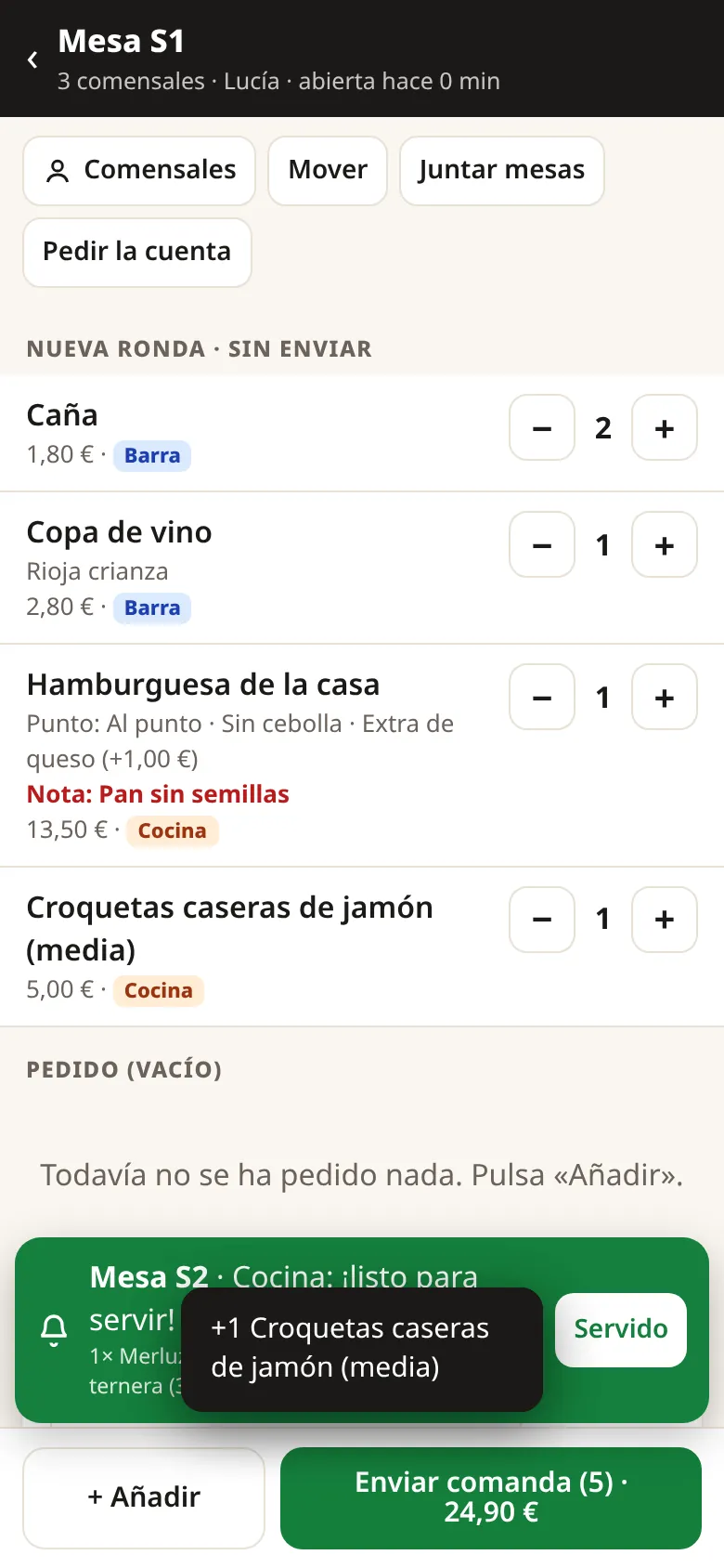 App del camarero: comanda con notas