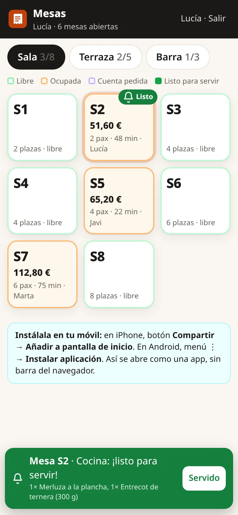 App del camarero: mapa de mesas